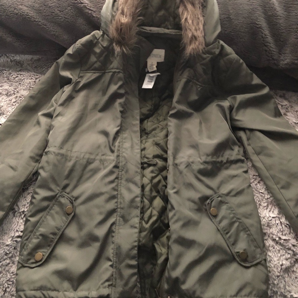 Olive jacket with fur hooding